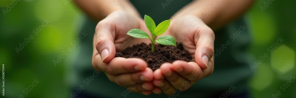 Two hands gently cradling a vibrant green plant sprout , growth, green Two hands gently cradling a vibrant green plant sprout , growth, green
