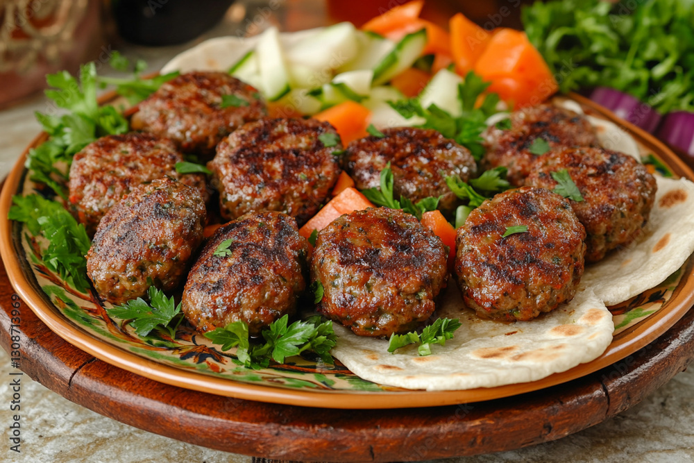 Plate of kofte served with lavash, vegetables and herbs on a wooden stand