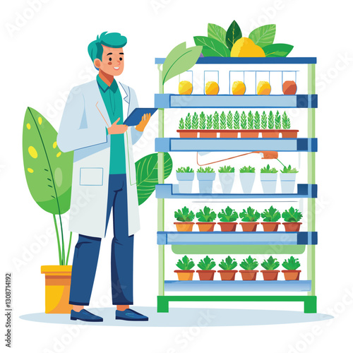 scientist inspecting vertical farming racks vector image on white background 