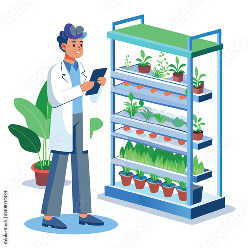 scientist inspecting vertical farming racks vector image on white background 