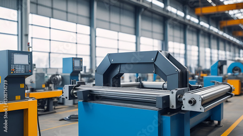 Metal products being bent on a bending machine, symbolizing precision and industrial transformation. A factory setting with a blurred modern background representing innovation and progress in manufact