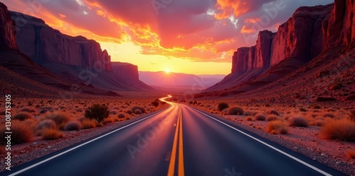 Red rock road cuts through fiery Nevada valley, barren, travel, journey