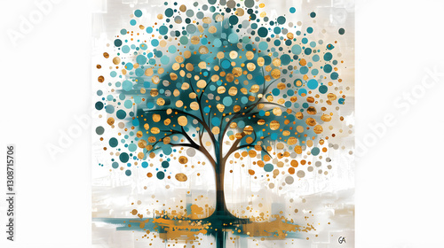Abstract tree with dots in teal, beige, and gold on a white background, creating a modern and decorative nature-inspired artwork.