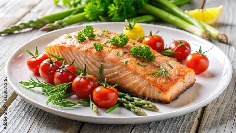 Pan-seared salmon fillet served with steamed asparagus and cherry tomatoes, garnished with fresh parsley and dill herbs on a white plate , healthy, culinary Pan-seared salmon fillet served with steamed asparagus and cherry tomatoes, garnished with fresh parsley and dill herbs on a white plate , healthy, culinary