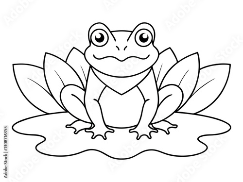 Zentangle stylized cartoon frog sitting among lotus flowers and water water-lilies. Sketch for adult antistress coloring page