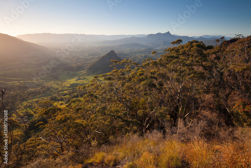 Sunset, view to Mount Warning, Wollumbin, Mebbin, Border Ranges, Mount Jerusalem National Park, Nightcap, Doon Doon, Uki, Tweed Valley, Byron Bay Hinterland - NSW, Australia