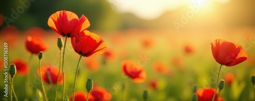 Vibrant red poppy blooms in sun-drenched meadow, scenery, green, flowering meadow