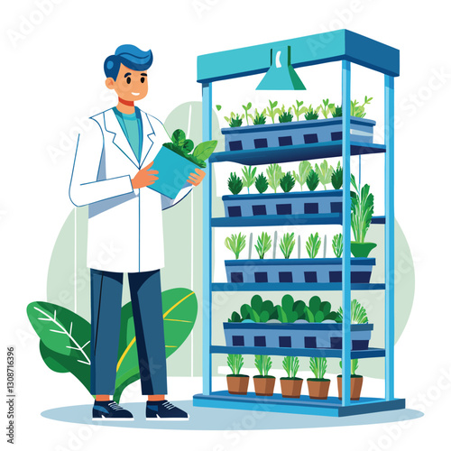 scientist inspecting vertical farming racks vector image on white background 