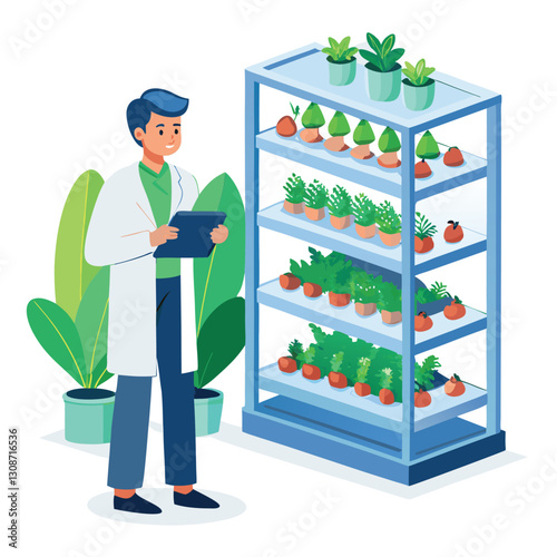 scientist inspecting vertical farming racks vector image on white background 