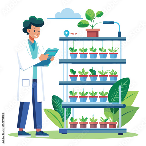 scientist inspecting vertical farming racks vector image on white background 