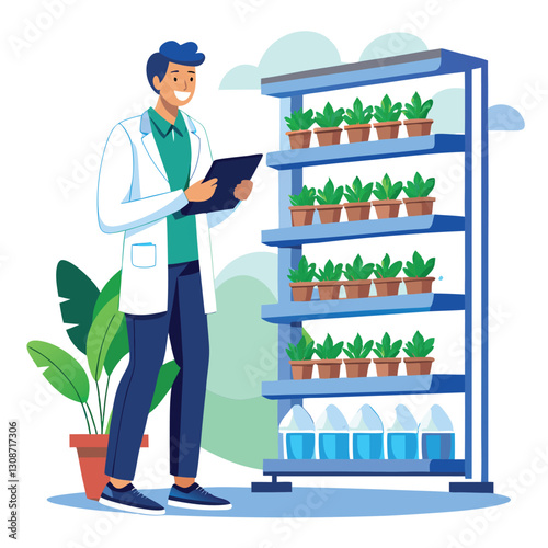 scientist inspecting vertical farming racks vector image on white background 