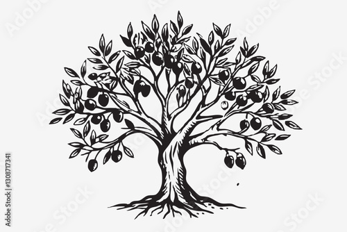 Black silhouette olive branch with leaves and fruit. Realistic sketch isolated on white background. Olive tree twig botanical drawing