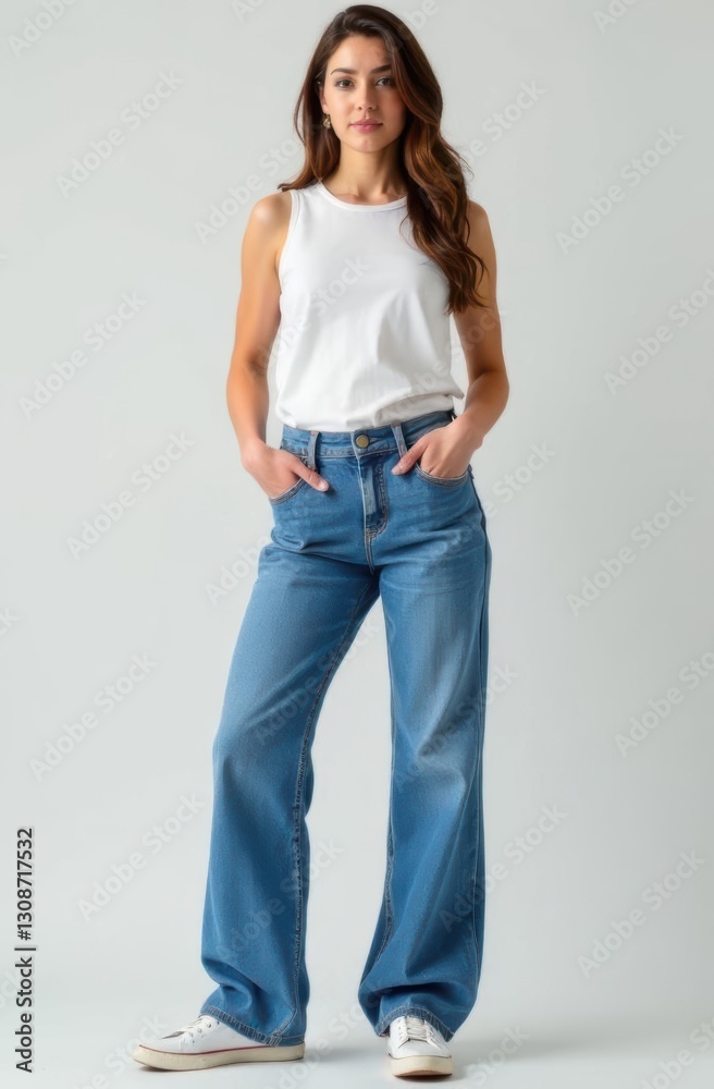 Fashion model posing in wide leg jeans and white tank top Fashion model posing in wide leg jeans and white tank top