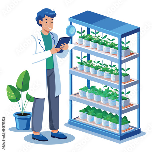 scientist inspecting vertical farming racks vector image on white background 