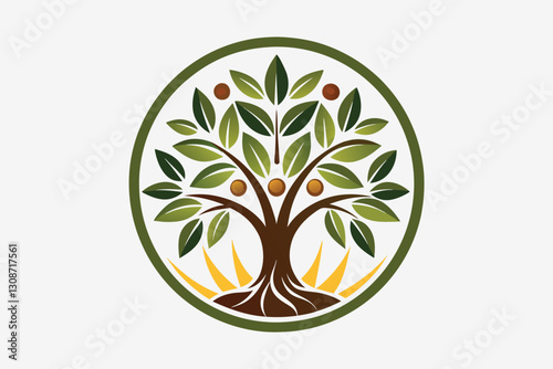Hand drawn vector illustration of olive tree Isolated on white background Retro style. Muscat logo design