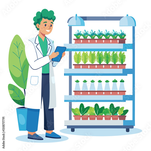 scientist inspecting vertical farming racks vector image on white background 