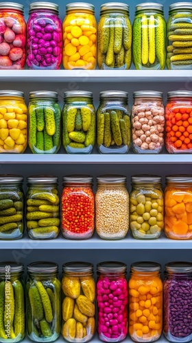Wallpaper Mural Vibrant assortment of pickled vegetables and legumes stored in glass jars, beautifully arranged on supermarket shelves, celebrating fermentation and preservation. Torontodigital.ca