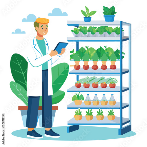 scientist inspecting vertical farming racks vector image on white background 