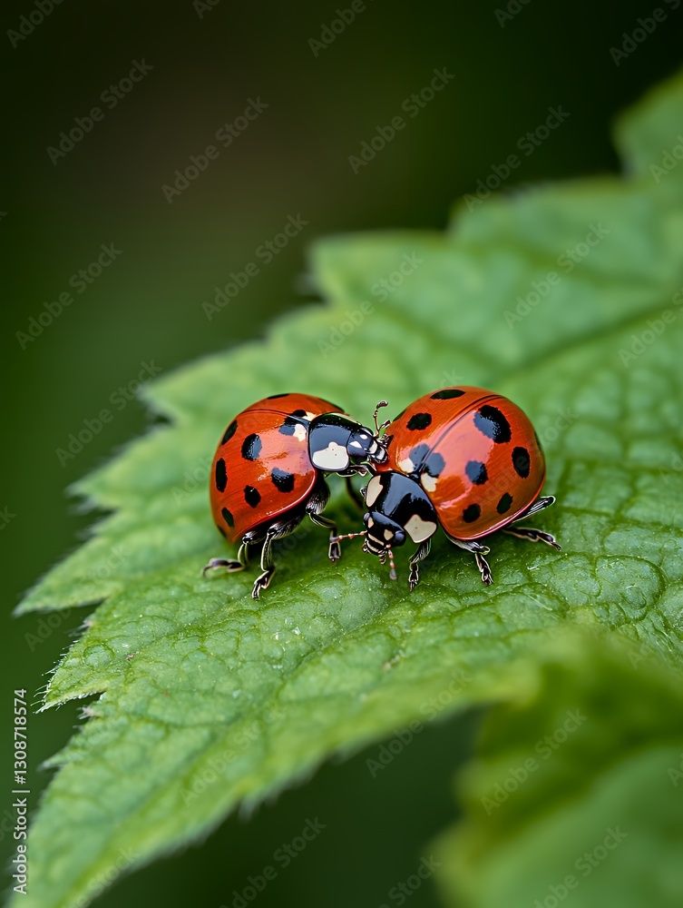 ladybugs in mating position on green leaf ladybugs in mating position on green leaf