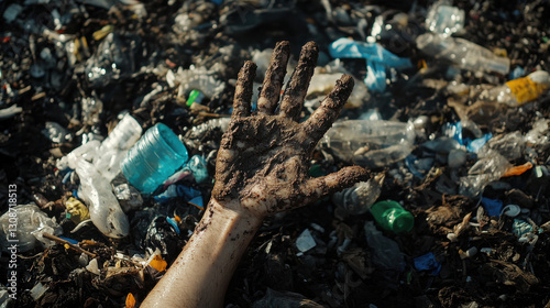 A dramatic photo capturing a close-up of a human hand reaching out of a pile of plastic waste, symbolizing the suffocating impact of pollution photo