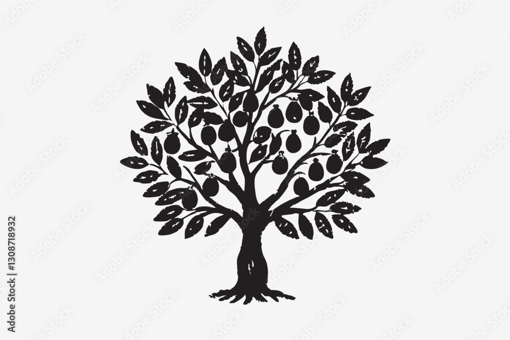 Fototapeta premium Olive tree line drawing on white and Black silhouette. Botanic tree logo mark design. Organic nature icon. Natural plant emblem. 