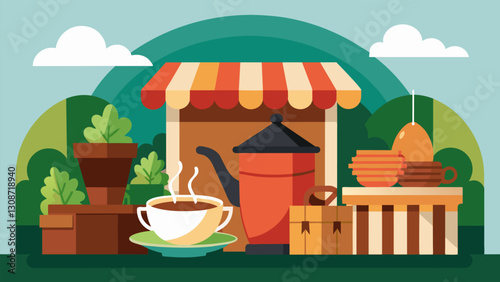 The warmth of a freshly brewed cup of tea or coffee made with locally grown ingredients as you take a break from browsing the market.. Vector illustration