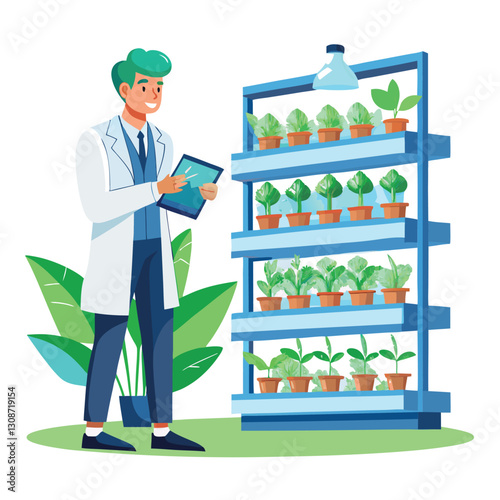 scientist inspecting vertical farming racks vector image on white background 