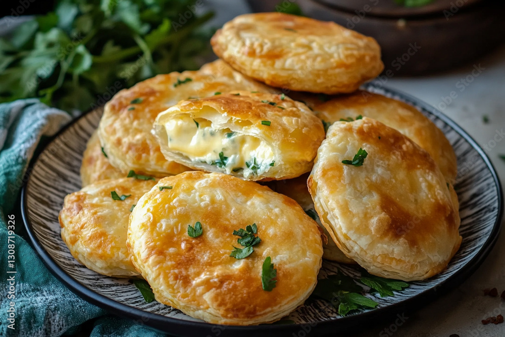 Plate of boreks - crispy pies with cheese filling and herbs Plate of boreks - crispy pies with cheese filling and herbs