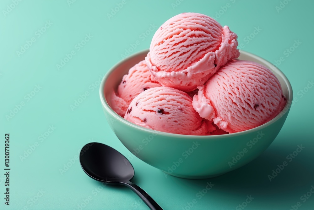 Sweet, creamy strawberry ice cream scoops in a bowl with a black spoon on a turquoise background ready to be enjoyed Sweet, creamy strawberry ice cream scoops in a bowl with a black spoon on a turquoise background ready to be enjoyed