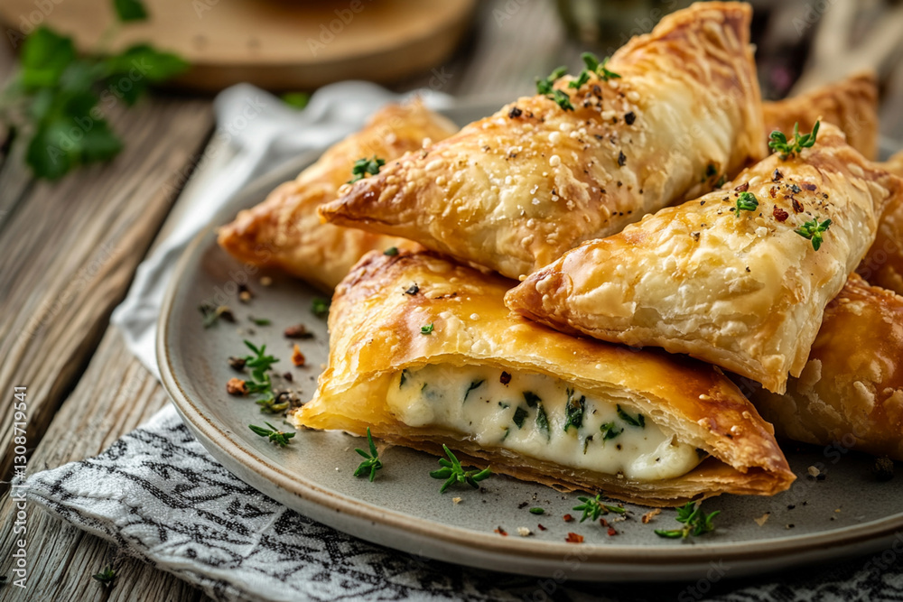 Plate of boreks - crispy pies with cheese filling and herbs Plate of boreks - crispy pies with cheese filling and herbs
