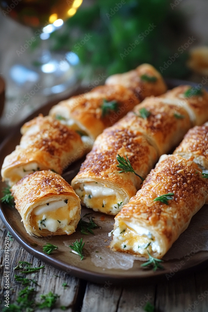 Plate of boreks - crispy pies with cheese filling and herbs Plate of boreks - crispy pies with cheese filling and herbs