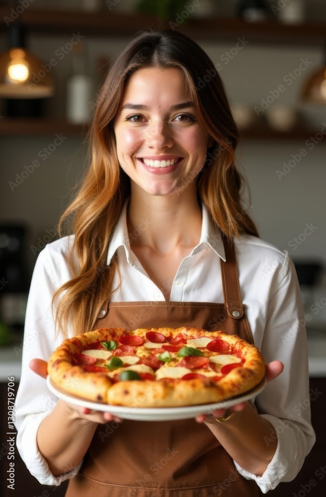 Smiling waitress holding delicious pepperoni pizza, vertical shot Smiling waitress holding delicious pepperoni pizza, vertical shot