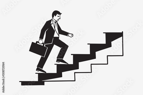 Black silhouette of Businessman running with suitcase up the stairs towards the sky. minimalist head logo, Icon, element. Vector illustration