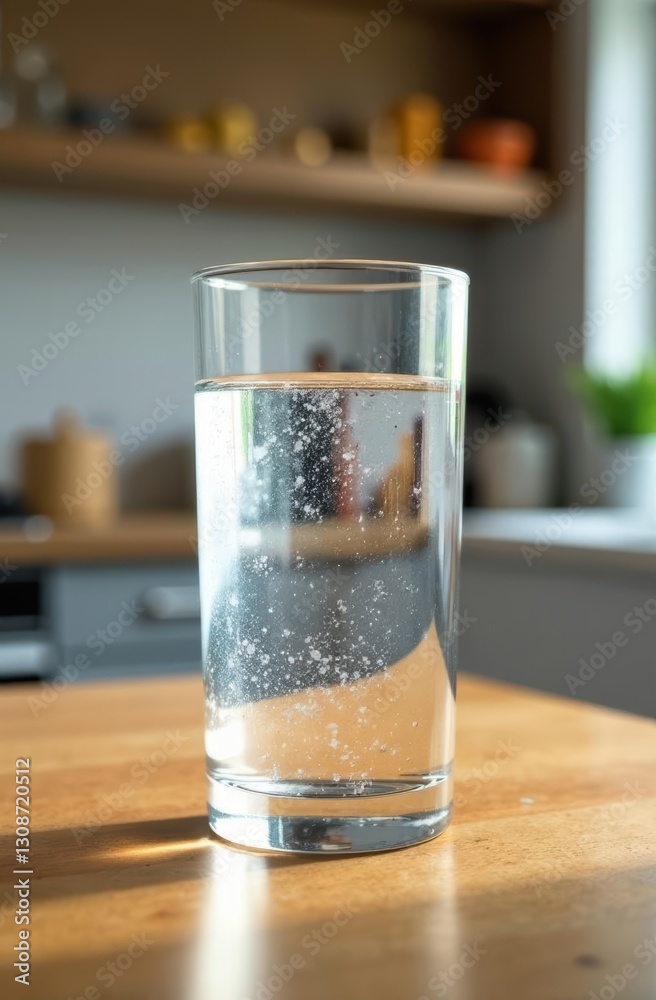 Sparkling water glass sitting on wooden table in modern kitchen