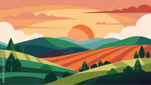 The mural depicts a landscape of rolling hills and sunsets inviting viewers to reflect on the simplicity and tranquility of living in harmony with. Vector illustration