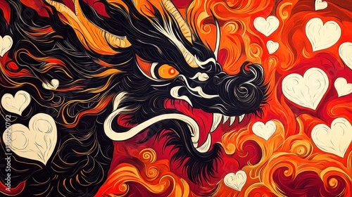 A Chinese Dragon Head with Hearts on a Fiery Background