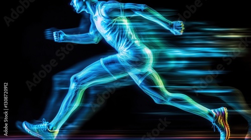 Dynamic blue energy runner sprinting at high speed in a futuristic style with motion blur and glowing lines