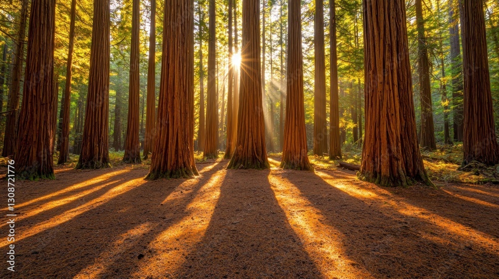 Fototapeta premium Sunbeams illuminate redwood forest at sunrise.