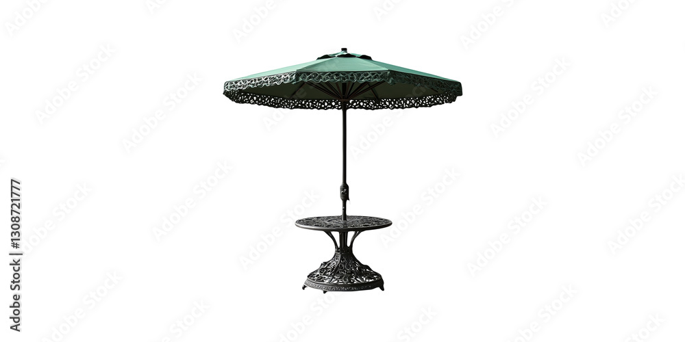 Green patio umbrella with decorative fringe and table isolated on transparent background Green patio umbrella with decorative fringe and table isolated on transparent background