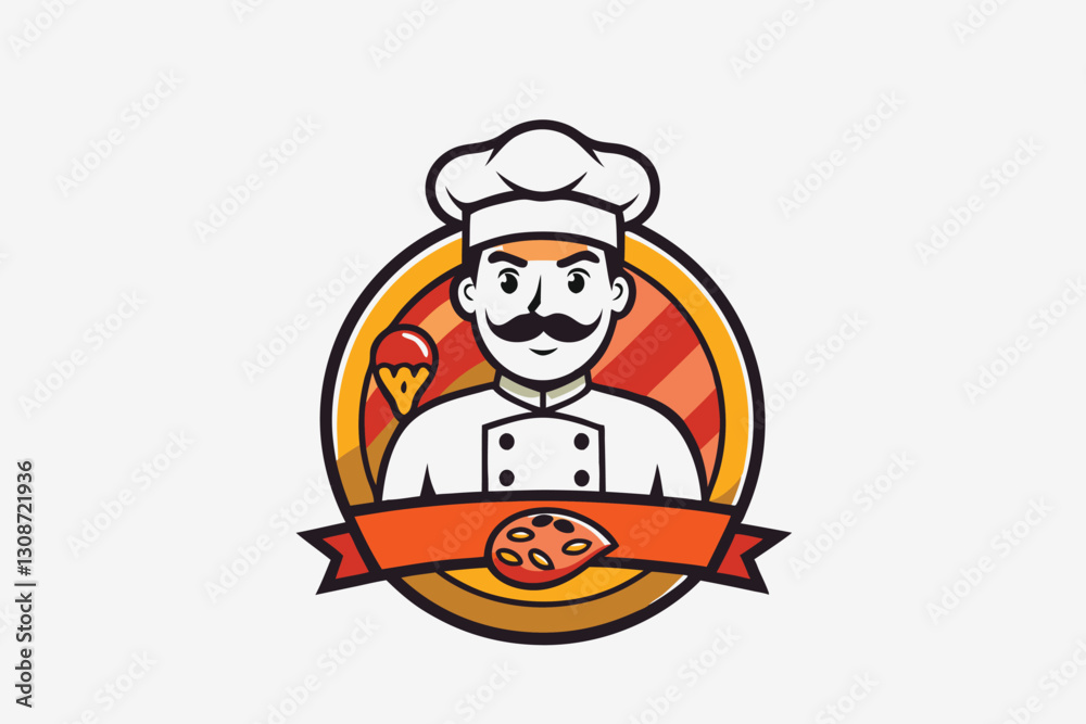 Pizzeria chef logo vector illustration, Design element for logo, poster, card, banner, emblem, t-shirt. vector cartoon illustration isolated on white background Pizzeria chef logo vector illustration, Design element for logo, poster, card, banner, emblem, t-shirt. vector cartoon illustration isolated on white background