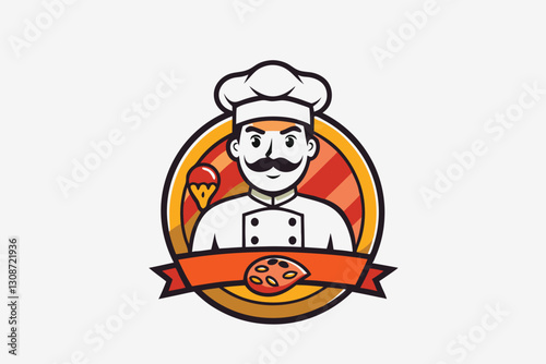 Pizzeria chef logo vector illustration, Design element for logo, poster, card, banner, emblem, t-shirt. vector cartoon illustration isolated on white background