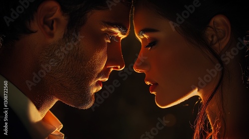 Close-up couple face-to-face, intimate moment, warm glow, dark background photo