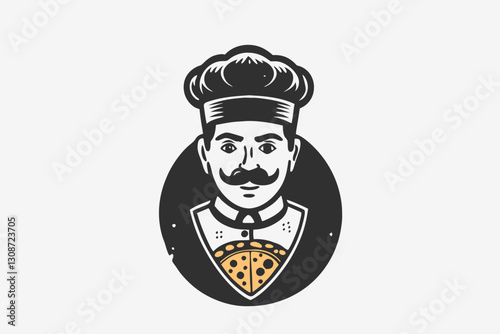 Pizza man Hand drawn pizza cartoon character. Design element for logo, poster, card, banner, emblem, t shirt. Vector illustration