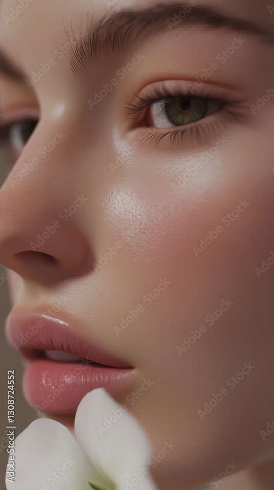 Fototapeta premium close up of woman face with smooth skin and serene expression, holding white flower. image highlights her natural beauty and delicate features