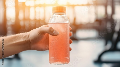 A hand holds a clear bottle of pink sports drink against a blurred gym background, illuminated by warm sunlight.