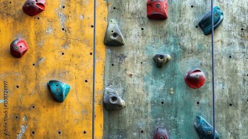 A colorful climbing wall with various textured handholds visible photo