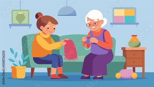 The room is filled with the warmth of a handknitted blanket as a grandparent carefully shows their grandchild how to knit a new stitch.. Vector illustration