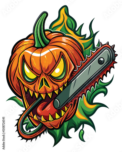 A terrifyingly detailed image of a chainsaw violently slicing a screaming pumpkin, revealing its inner pulp and seeds.  Focus on the visceral detail and intense expression of the pumpkin.