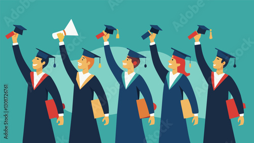 Standing in a row graduates proudly fling their hats in the air a symbolic gesture of their unity and solidarity in reaching this milestone.. Vector illustration