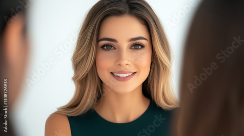 Wallpaper Mural Charming young woman with beautiful smile posing in a bright indoor setting, radiating positive energy and joy Torontodigital.ca